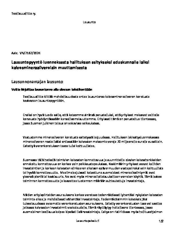 Teollisuusliiton lausunto luonnoksesta hallituksen esitykseksi eduskunnalle laiksi kaivosmineraaliverolain muuttamisesta (VN/7167/2024)